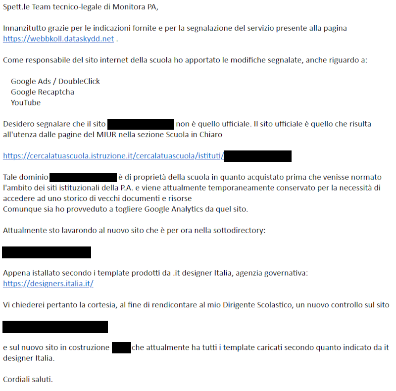 Una delle tante risposte di ringraziamento che abbiamo ricevuto.