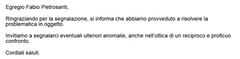 Una delle tante risposte di ringraziamento che abbiamo ricevuto.