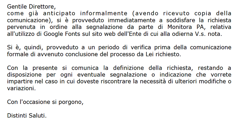 Una delle tante risposte di ringraziamento che abbiamo ricevuto.