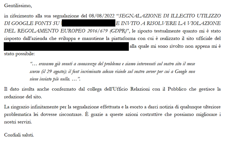 Una delle tante risposte di ringraziamento che abbiamo ricevuto.