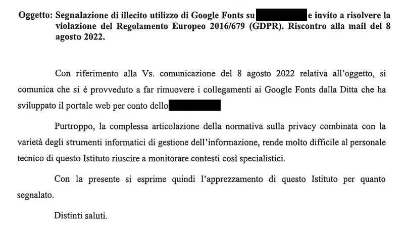 Una delle tante risposte di ringraziamento che abbiamo ricevuto.