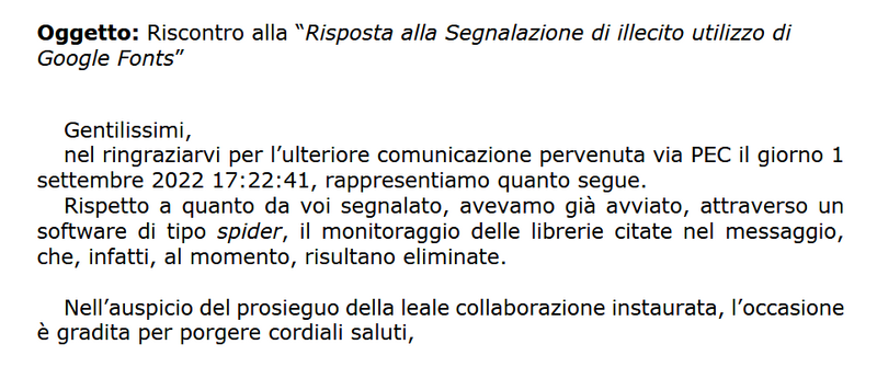 Una delle tante risposte di ringraziamento che abbiamo ricevuto.