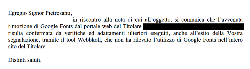 Una delle tante risposte di ringraziamento che abbiamo ricevuto.