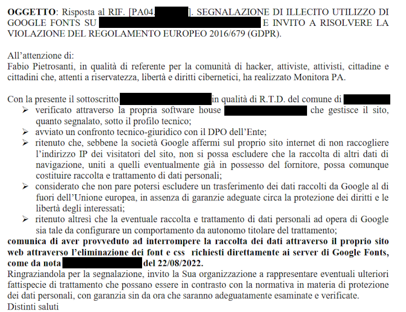 Una delle tante risposte di ringraziamento che abbiamo ricevuto.